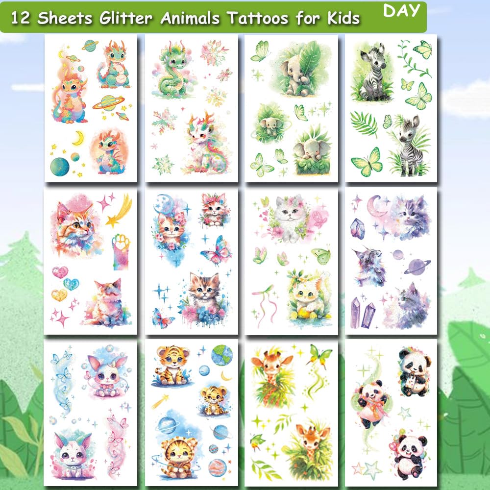 Glitter Animals Tattoos for Kids, 12 Sheets Glitter Dragon Cat Panda Tiger Elephant Panda Giraffe Temporary Tattoos for Kids Animals Themed Party Birthday Party Supplies Gifts Decoration