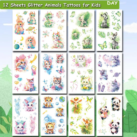 Glitter Animals Tattoos for Kids, 12 Sheets Glitter Dragon Cat Panda Tiger Elephant Panda Giraffe Temporary Tattoos for Kids Animals Themed Party Birthday Party Supplies Gifts Decoration