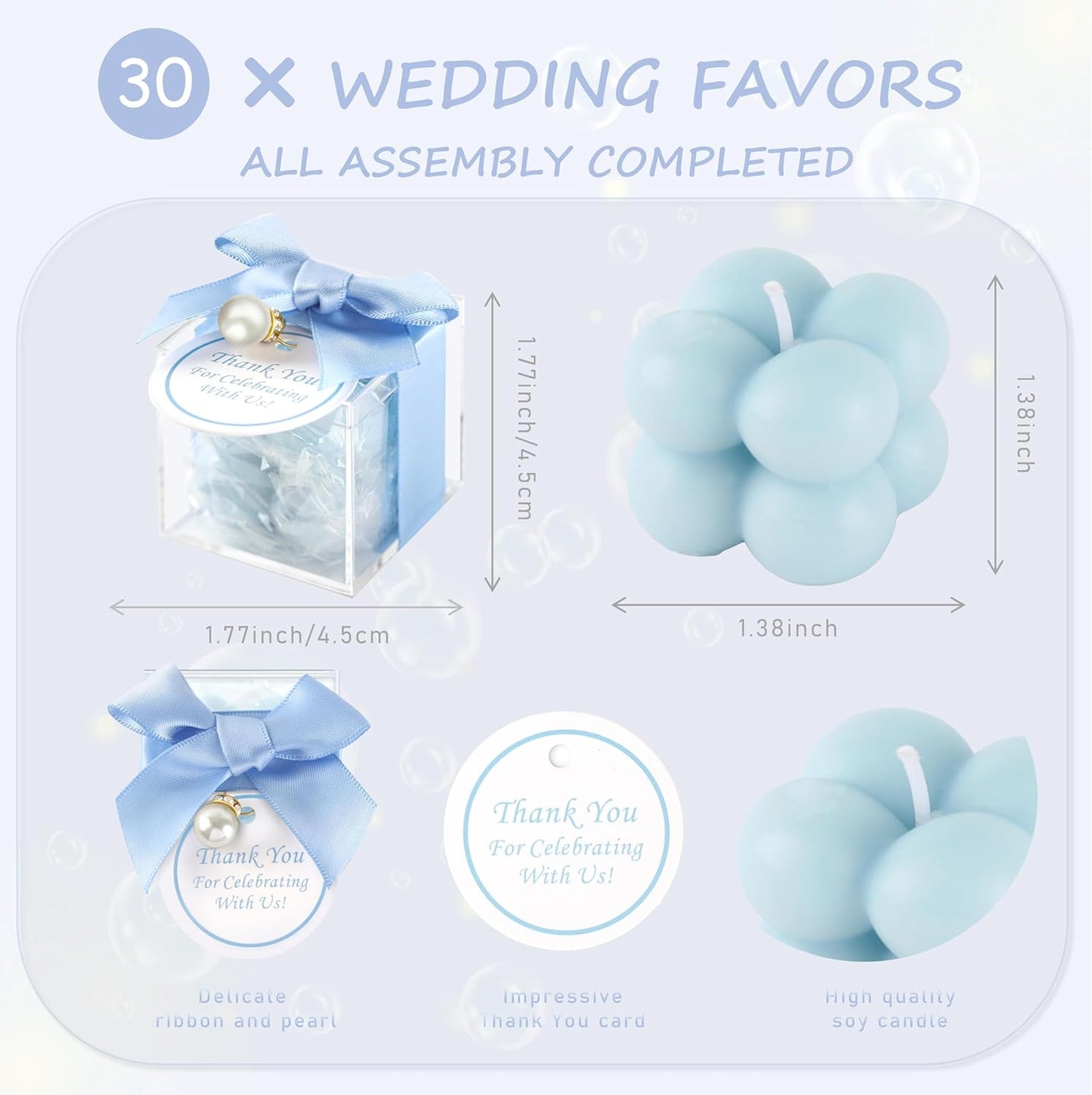 ACITHGL 30 Sets Fully Assembled Small Bubble Candle Party Favors for Guests Bulk Bridal Showers Favors Candles with Stylish Ribbons Thank You Cards Gifts (Blue)