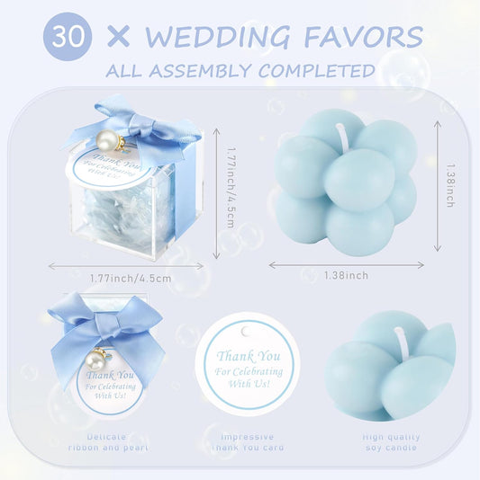ACITHGL 30 Sets Fully Assembled Small Bubble Candle Party Favors for Guests Bulk Bridal Showers Favors Candles with Stylish Ribbons Thank You Cards Gifts (Blue)