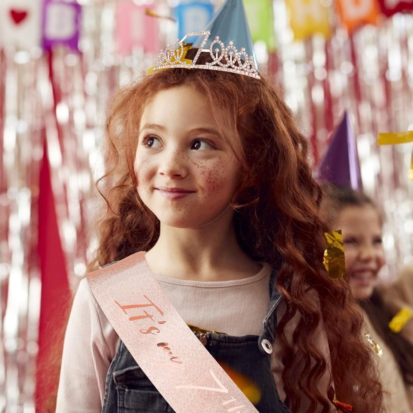 CIEHER 7th Birthday Crown + Sash + Pearl Pin Set, Girls' 7th Birthday Gifts and Happy Party Decorations