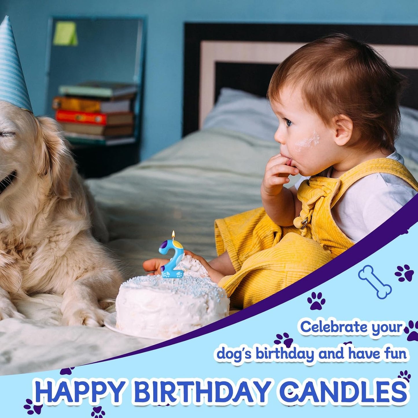 Blue Dog Paw Birthday Candles Cake Topper Numeral Birthday Candles for Boy Girl Dog Paw Decoration(Number 2)