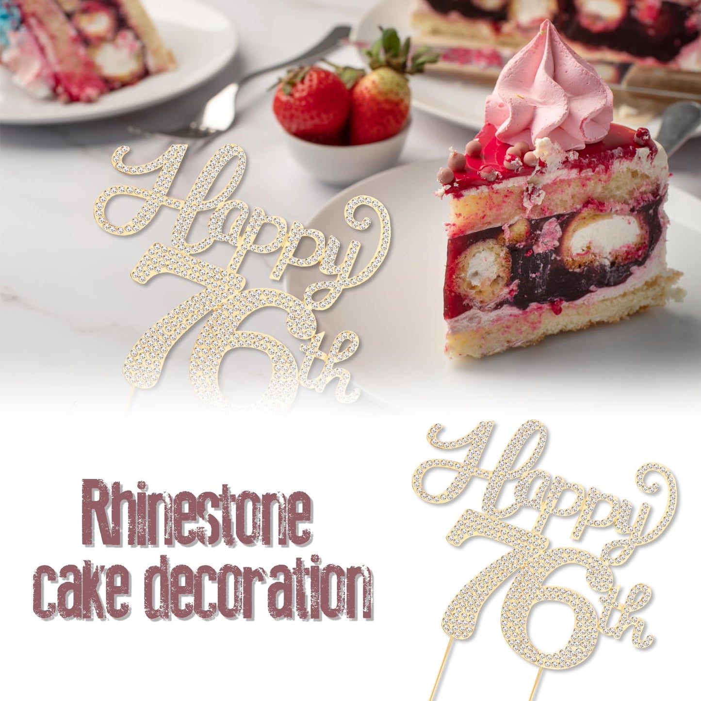 Happy 76th Birthday Decorations,76th Birthday Gold Rhinestone Cake Topper - Cheers to 76 Years Old Bday Party Metal Sparkly Cake Centerpieces Sign.