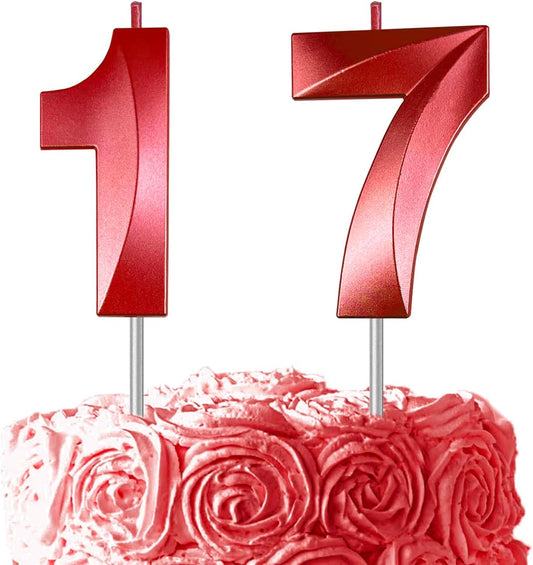 Red Number 17 Candles, 3D Diamond 2.76 Inch Cake Topper Birthday Candles for Wedding Anniversary Cake Decorations, Happy Birthday Party Decorations