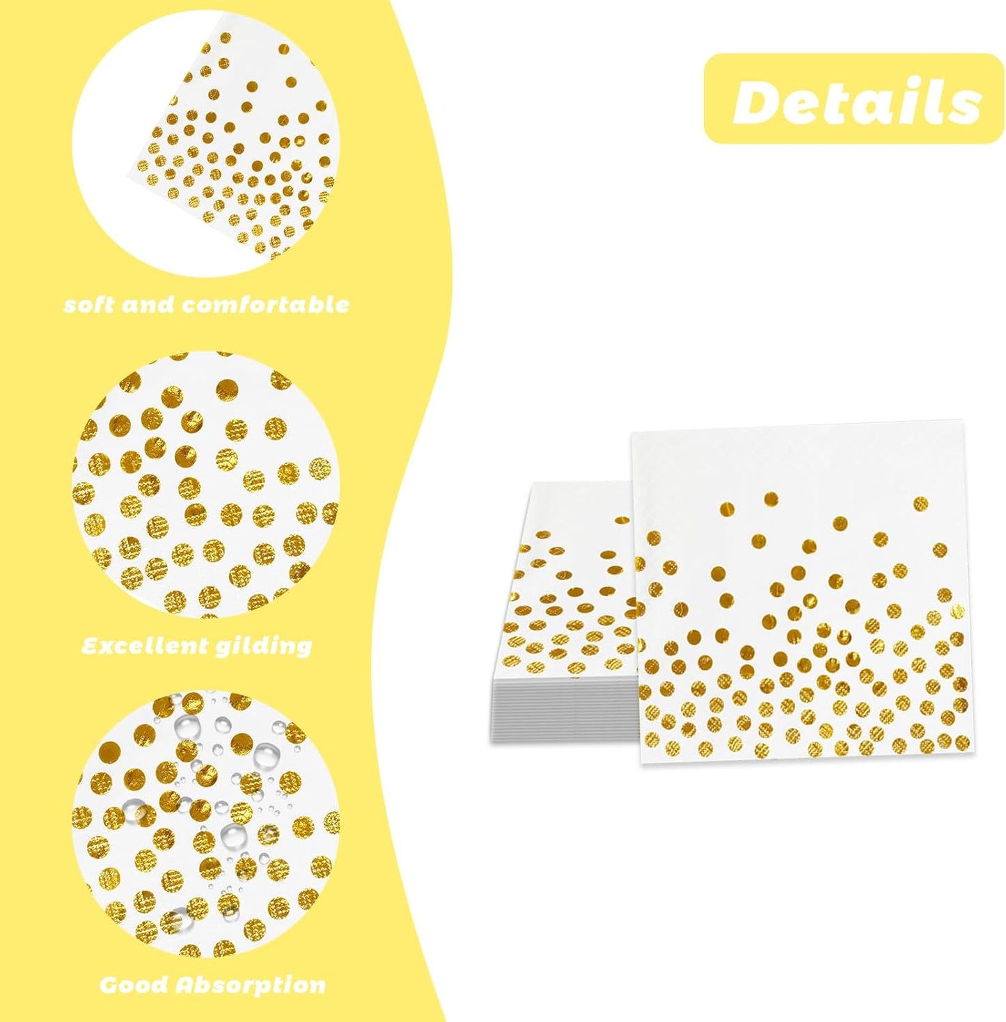 100 Pcs 6.5x6.5 Inch Disposable White Gold Paper Napkins for Cocktail