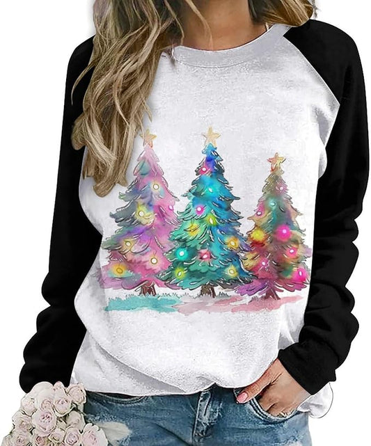 LOAIHA Christmas Sweatshirts for Women Christmas Tree Graphic Shirt Xmas Long Sleeve Merry Christmas Pullover Blouse