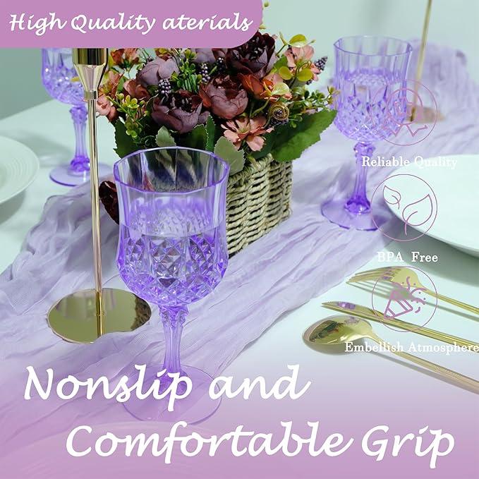 Plastic Wine Glasses, Plastic Goblets Vintage Style Cordial Unbreakable Drinking Glasses, Reusable Drinkware for Wedding Reception, Grand Event Party Supplies, Easter (12, Purple)
