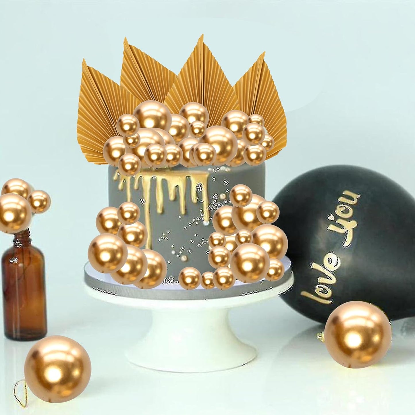 Ephlyn 28Pcs Paper Palm Fan Cake Topper Balls Cake Pick for Baby Shower Wedding Bridal Shower Birthday Party Cake Decorations Supplies Gold