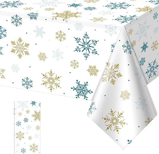 1Pcs Snowflake Plastic Tablecloth Christmas Snowflake Disposable Table Cloth White Blue and Gold Winter Wonderland Table Cover for Winter Holiday Christmas Birthday Party Decorations,54x108 Inch