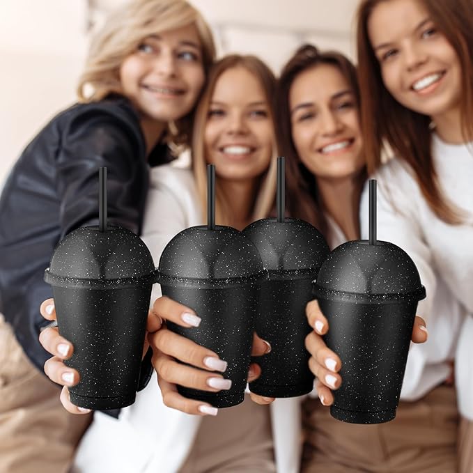 6 Set Slushie Cups with Dome Lids and Straws Detachable Spoon Straws Reusable Plastic Iced Coffee Cups Smoothie Tumbler for Birthdays Summer Party Supplies(Black,16 oz)