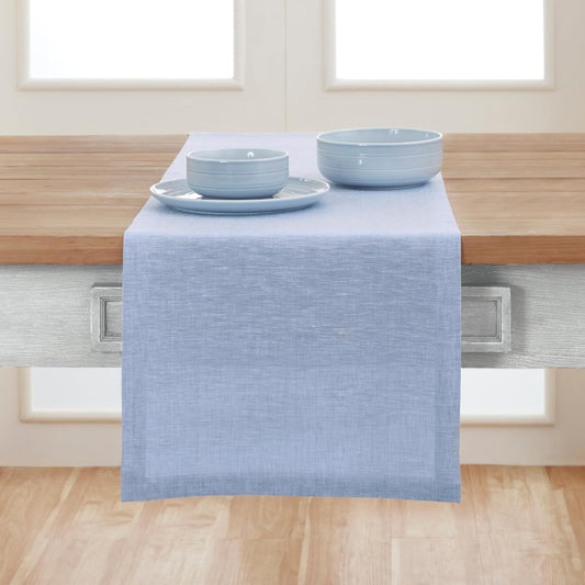 Solino Home Linen Table Runner 108 Inches Long - Athena, 100% Pure Linen Chambray Blue Table Runner 14 x 108 Inch for Dining