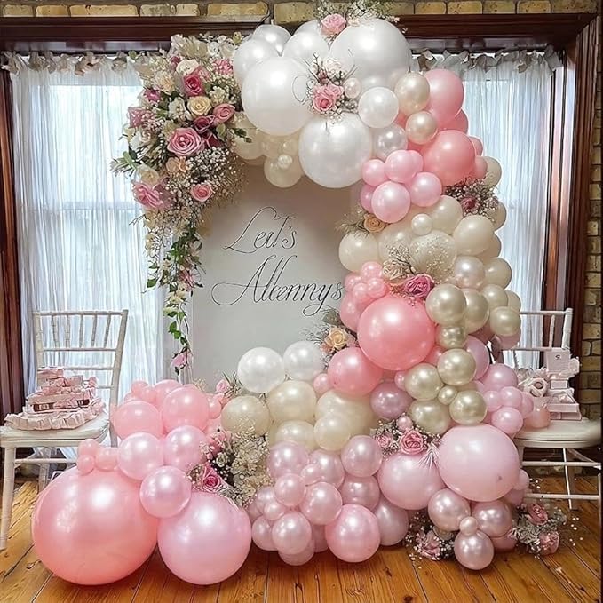 Pearl Pink White Balloon Arch, Double Stuffed Light Pastel Pink Cream White Sand Balloon Garland Kit for Valentines Birthday Baby Shower Bridal Wedding Mother's Day Party Decorations