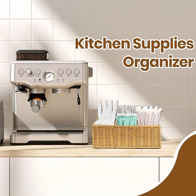 Wicker Silverware Caddy for Party, Woven Rattan Utensil Holder, Knife Fork Spoon Holder, Countertop Cutlery Storage Box, Cabinet Tabletop Silverware Organizer (Brown Gold)