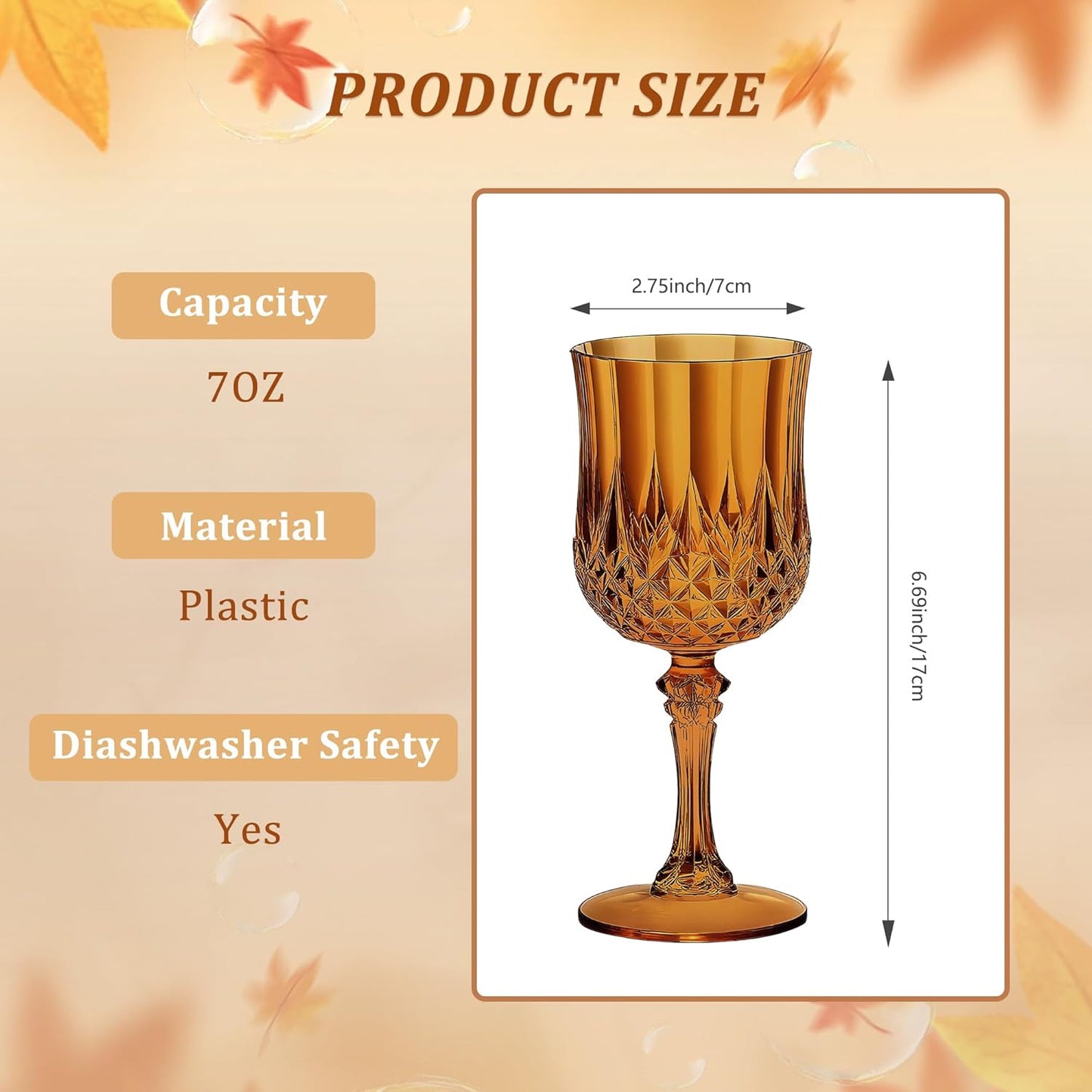 24PCS 7OZ Amber Wine Plastic Glasses, Drinking Champagne Glasses Flutes Crystal Vintage Water Unbreakable Goblets for Wedding, Parties