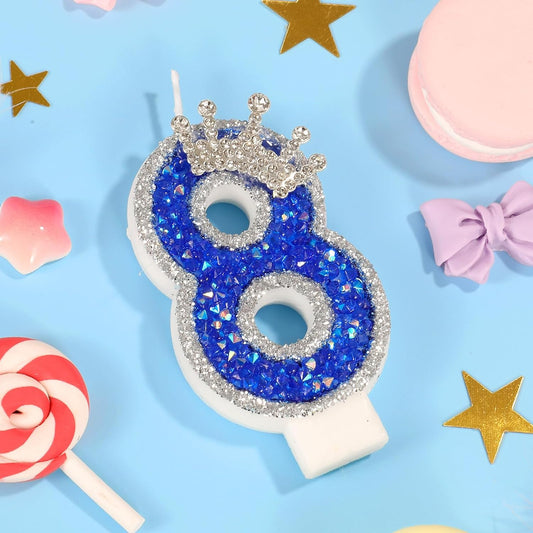 Blue Birthday Candle Crown Number 8 Candle with Sequins Cake Candles Cupcake Decorations Party Decor for Anniversary Celebrations Supplies