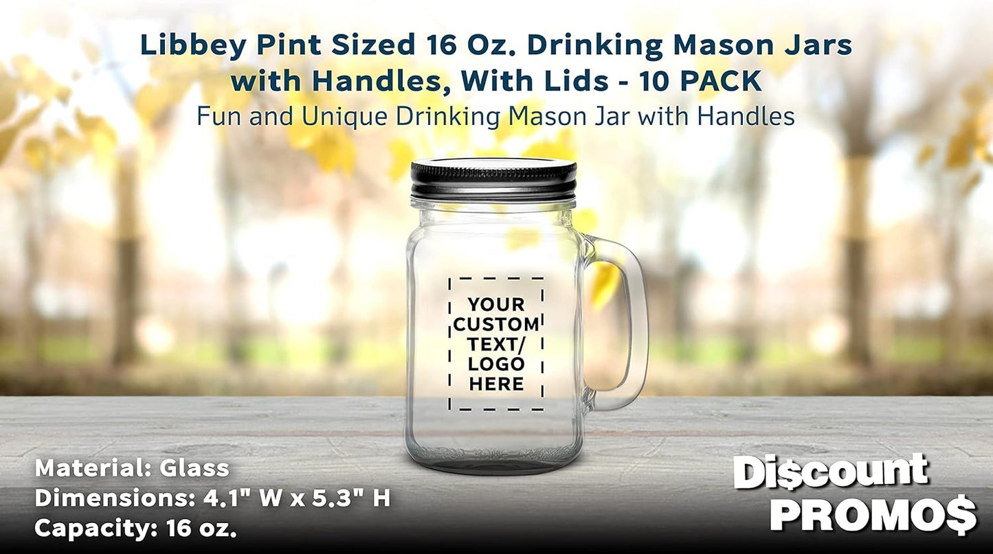 DISCOUNT PROMOS Custom Libbey Handle Mason Jars w/Lids 16 oz. Set of 10, Personalized Bulk Pack - Traditional style, High standard - Black