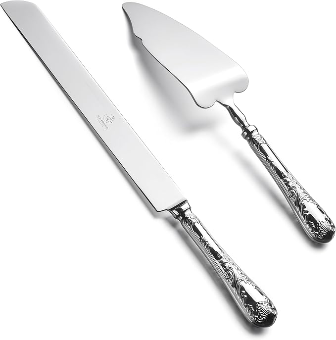 OTW PAVILION 2 Piece Wedding Cake Server Set,18/10 Stainless Steel Dessert Set Pie Server Cake Cutter Knife for Birthday,Anniversary,Holiday,Baby Shower,Party (Versailles, Stainless steel-V)