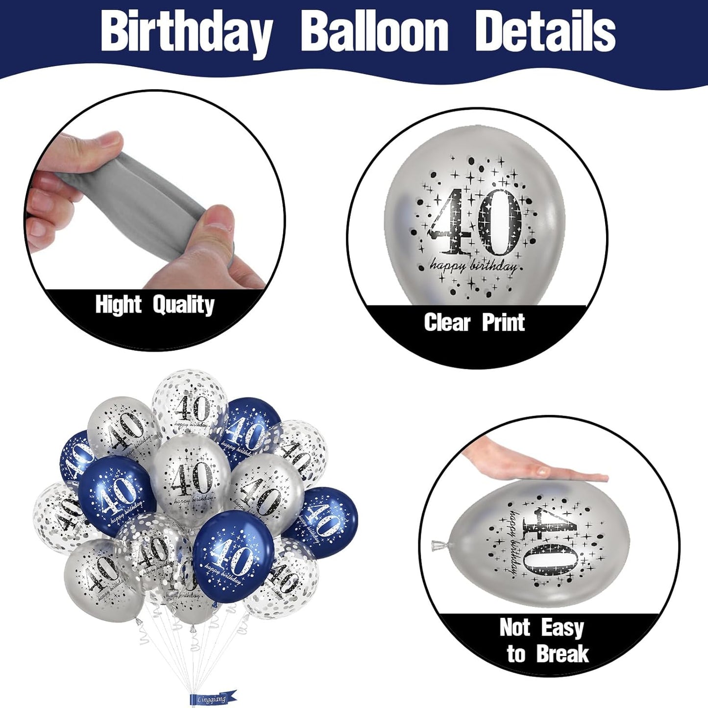 40th Birthday Decoration Men, Pack of 15 Happy 40th Birthday Balloons Latex Helium Navy Blue Silver Confetti Balloons for Him Age 40 Years Old 40th Birthday Party Decorations Celebration Supplies