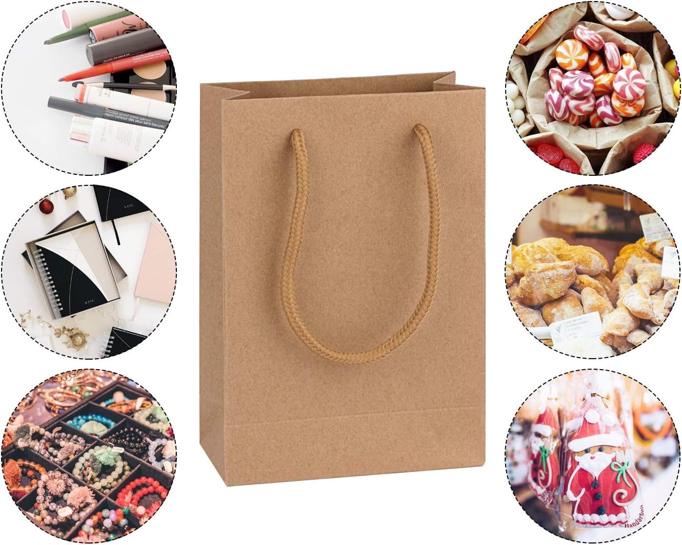 driew Kraft Gift Bags, Small Brown Paper Favor Bags with Handles Kraft Paper Bags 5x2x7.5 inches with Cotton Handle for Party Craft Takeouts Business,Shopping Pack of 100