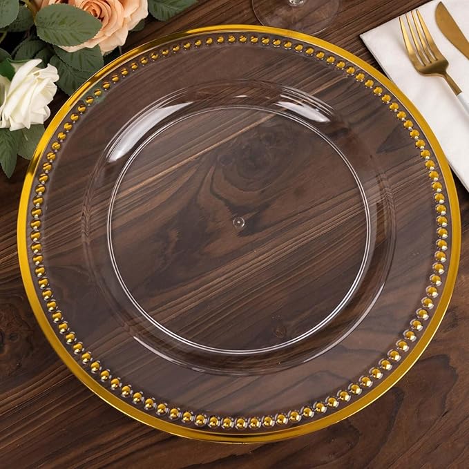 Efavormart 6 Pack 13" Beaded Gold Clear Acrylic Charger Plate, Plastic Round Dinner Charger Event Tabletop Decor
