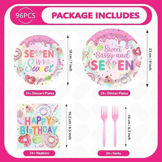 Grencian 96 Pcs Sweet Sassy and 7 Birthday Decorations Donut 7th Birthday Party Decorations for Girls Colorful Donut Plates and Napkins 7 Years Old Disposable Party Supplies Serves 24