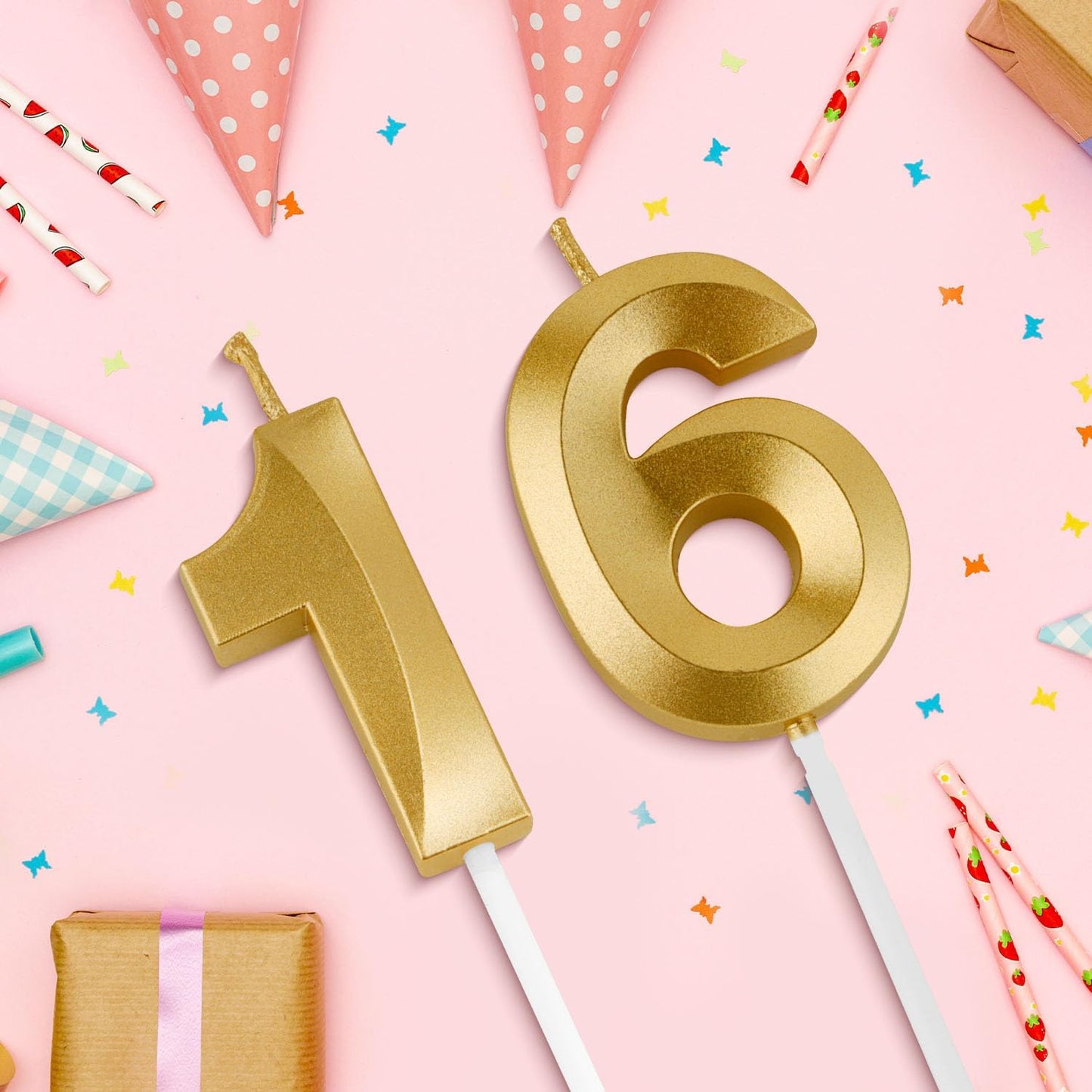 Birthday Candles, 1.96 Inch Number 16 Happy Birthday Candles, Number Candles Decoration for Birthday Party and Anniversary Celebration(Champagne Gold)