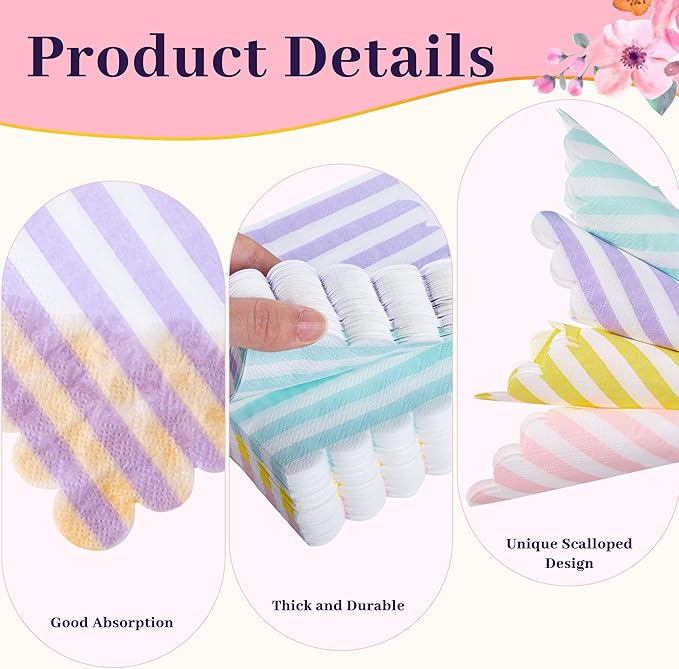 100 Pcs Cocktail Napkins Colorful Stripe Napkins with Scalloped Edges 5 x 5 Inch Dinner Napkins Disposable Thick Paper for Wedding Dinner Birthday Party - Assorted Colors Pink Purple Yellow Blue