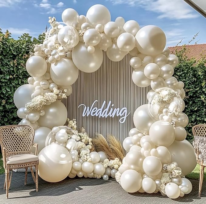 Pearl Sand White Balloon Arch Double Stuffed White Ivory Cream Beige Balloon Garland Kit Different Sizes 12/10/5in With Clear Bobo Balloons for Birthday Wedding Bridal Baby Shower Baptism Party Decor