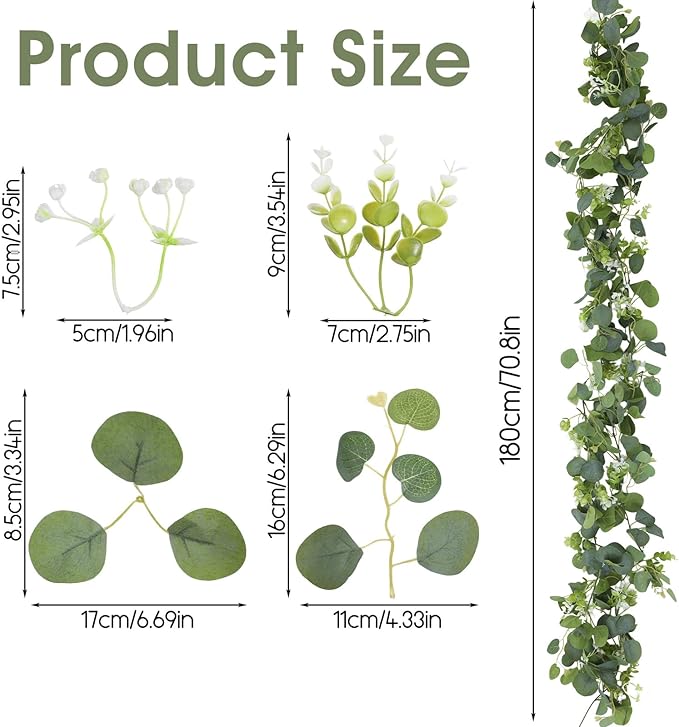 8 Pcs 5.9Ft Eucalyptus Garland, Artificial Eucalyptus Leaves with Flowers Faux Table Greenery Garland Fake Wreath Vines Decoration for Centerpiece, Wedding, Arch, Wall, Stair, Party