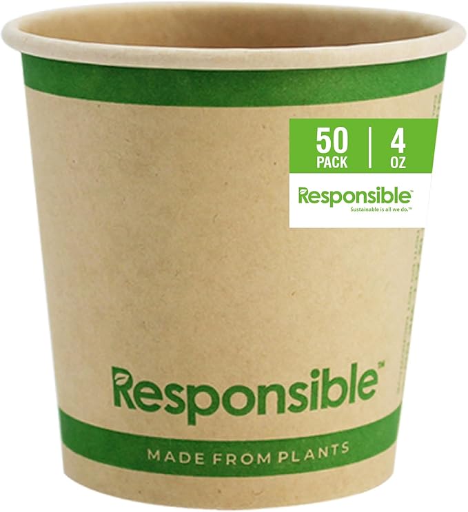 Responsible Products Certified Compostable 4 oz Paper Cups, Cold ＆ Hot Coffee Cups, Disposable Paper Cups, Extra Strength Disposable Cups, Made without PFAS (50 count)