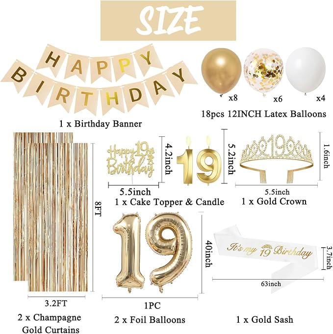 Trgowaul Happy 19th Birthday Decorations for Girls, Banner, Sash and Crown, Cake Topper, 19 Number Balloon, Fringe Curtains, Champagne Gold 19th Birthday Party Supplies