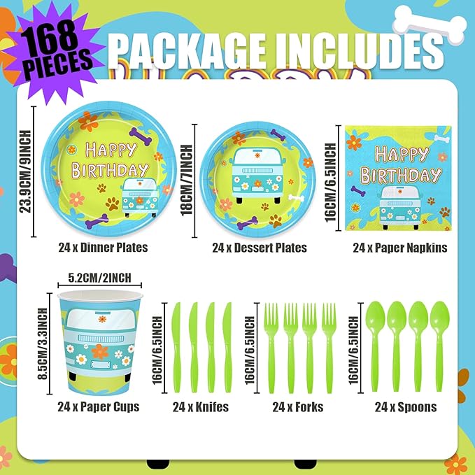 168PCS Mysterious Car Hippie Party Decorations for Kids Cartoon Dog Paw Themd 1st 2nd Birthday Party Supplies Groovy Daisy Favors Tableware with Plates Napkin Cups for 24 Guests