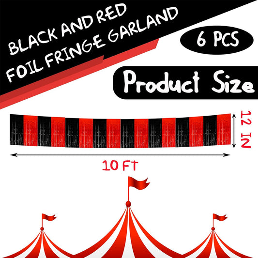 6 Pack 10 Feet Black Red Foil Fringe Garland Metallic Tinsel Streamers Banner Wall Hanging Curtain Backdrop Banner for Parade Floats, Thanksgiving, Christmas, Birthday, Halloween Party Decorations