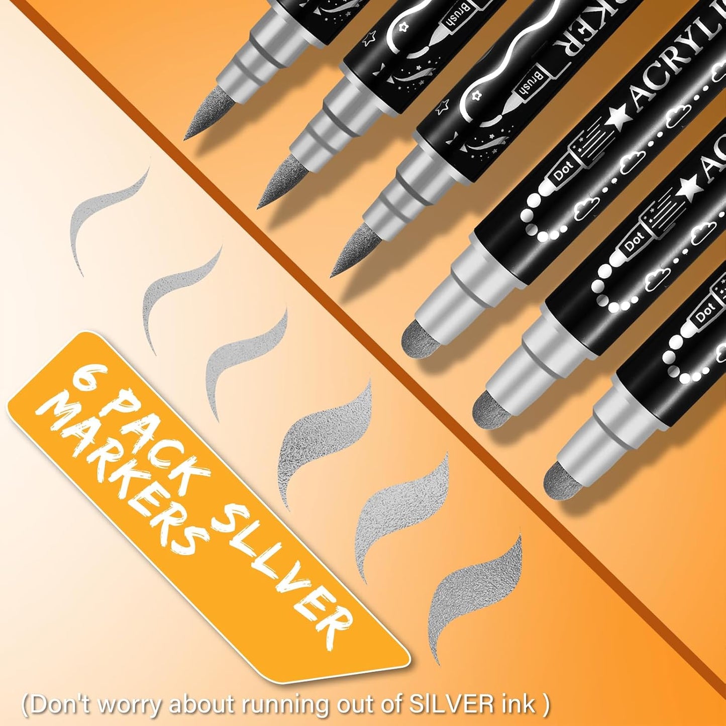 Silver Acrylic Paint Pens Markers, 6 Pc Dual Tips Waterproof Paint Markers For Rock Painting, Fabric, Metal, Glass, Wood, Canvas, Ceramic, Pumpkins, Eggs, Plastic, Non-Toxic & Odor
