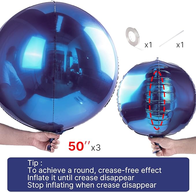 PartyWoo Navy Blue Foil Balloons 3pcs 50 Inch Large Round Foil Big Giant 4D Jumbo Inflatable Mirror Ball Mylar Balloons for Graduation Men Birthday Baby Shower Space Themed Party Decorations