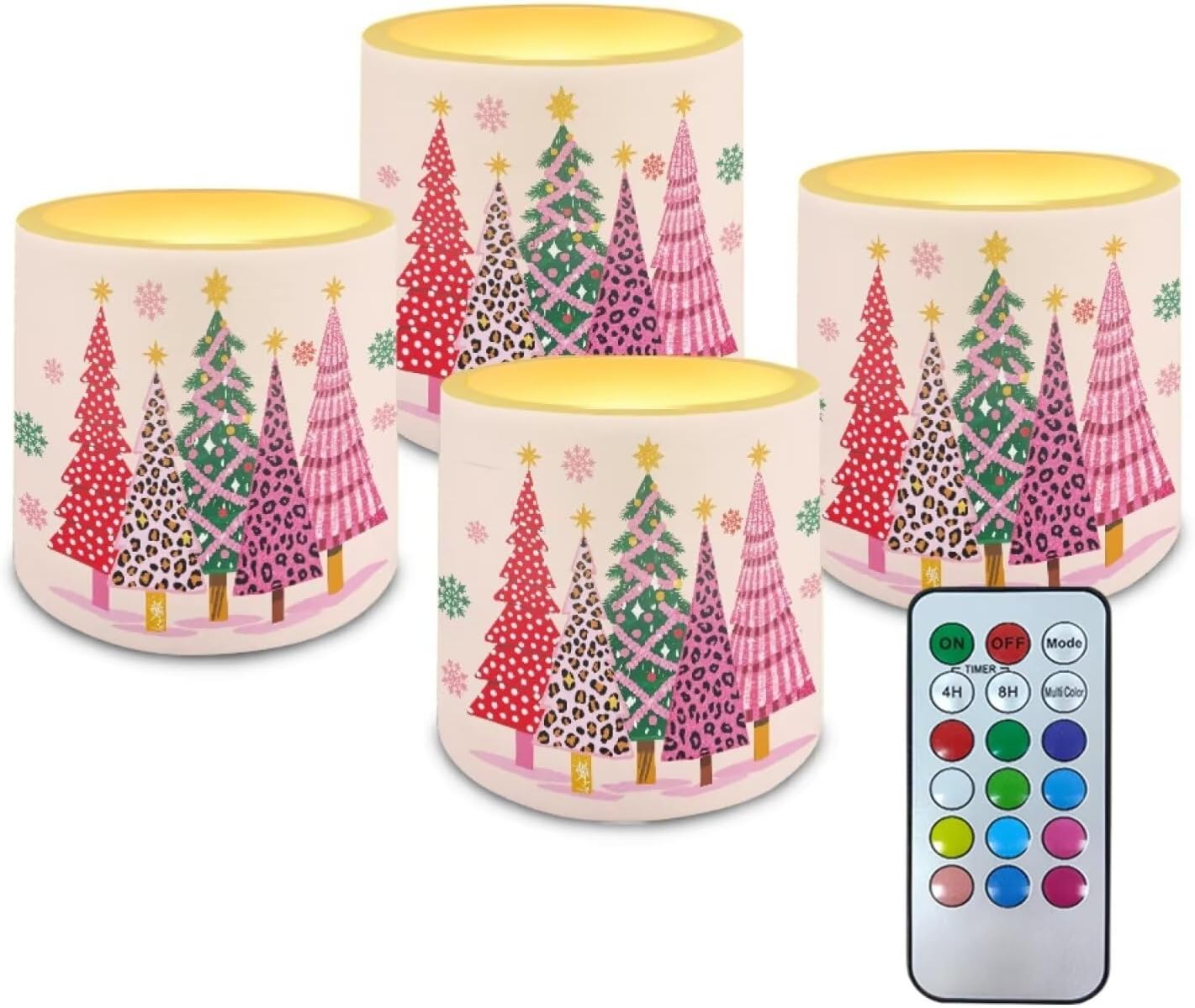 Poceacles Christmas LED Flameless Candles Set of 4 Battery Operated Fake Flickering Candles with Remote and Timer, for Holiday Festival Decor, Leopard Print Christmas Tree Snowflake Pink