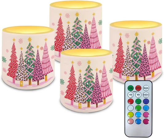 Poceacles Christmas LED Flameless Candles Set of 4 Battery Operated Fake Flickering Candles with Remote and Timer, for Holiday Festival Decor, Leopard Print Christmas Tree Snowflake Pink