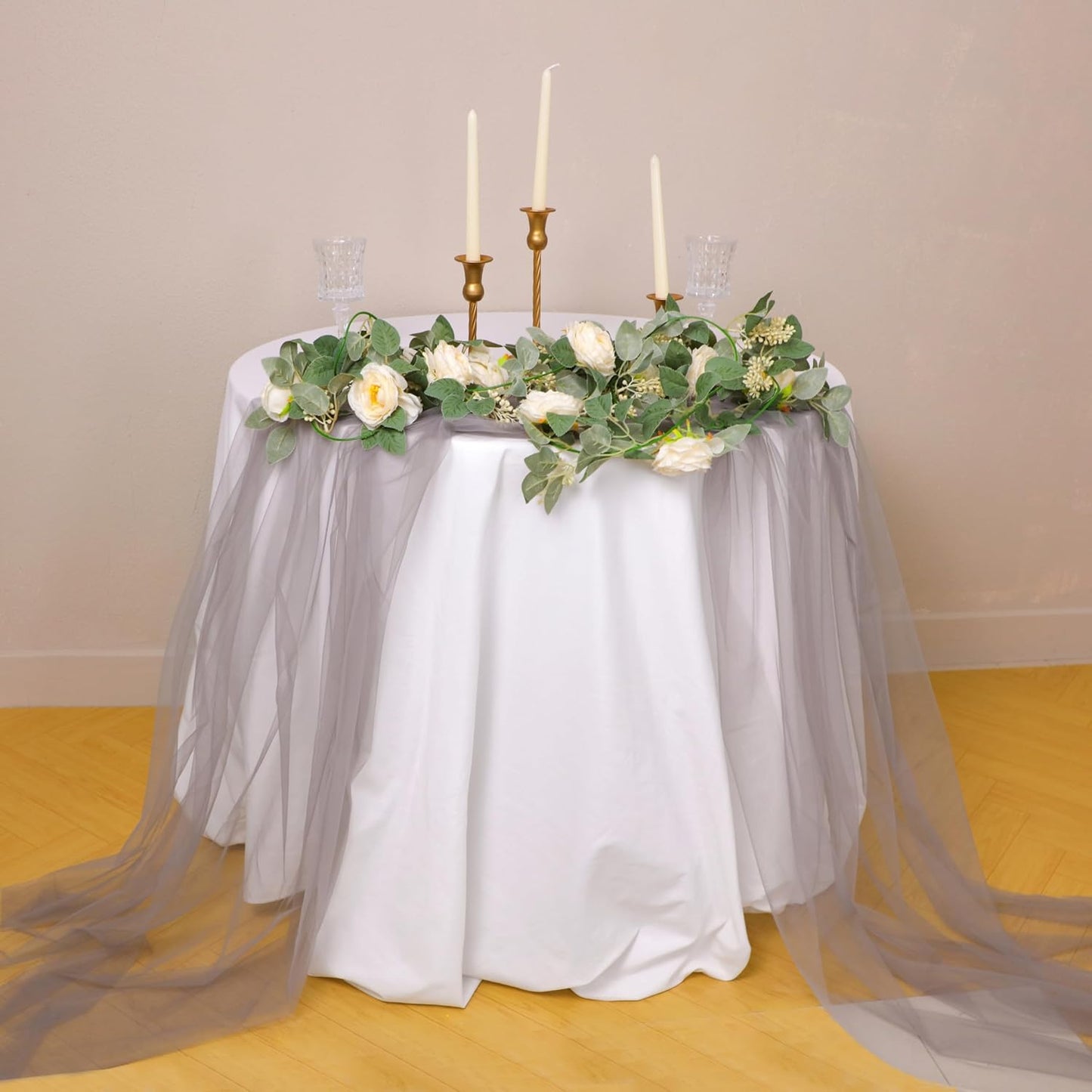 Snowkingdom Grey Table Runner, 10FT Light Grey Tulle Rustic Gauze Cheesecloth Table Decorations, Long Boho Rustic Tulle Runners for Wedding Birthday Christmas Outdoor Party Home Decor 120 Inch
