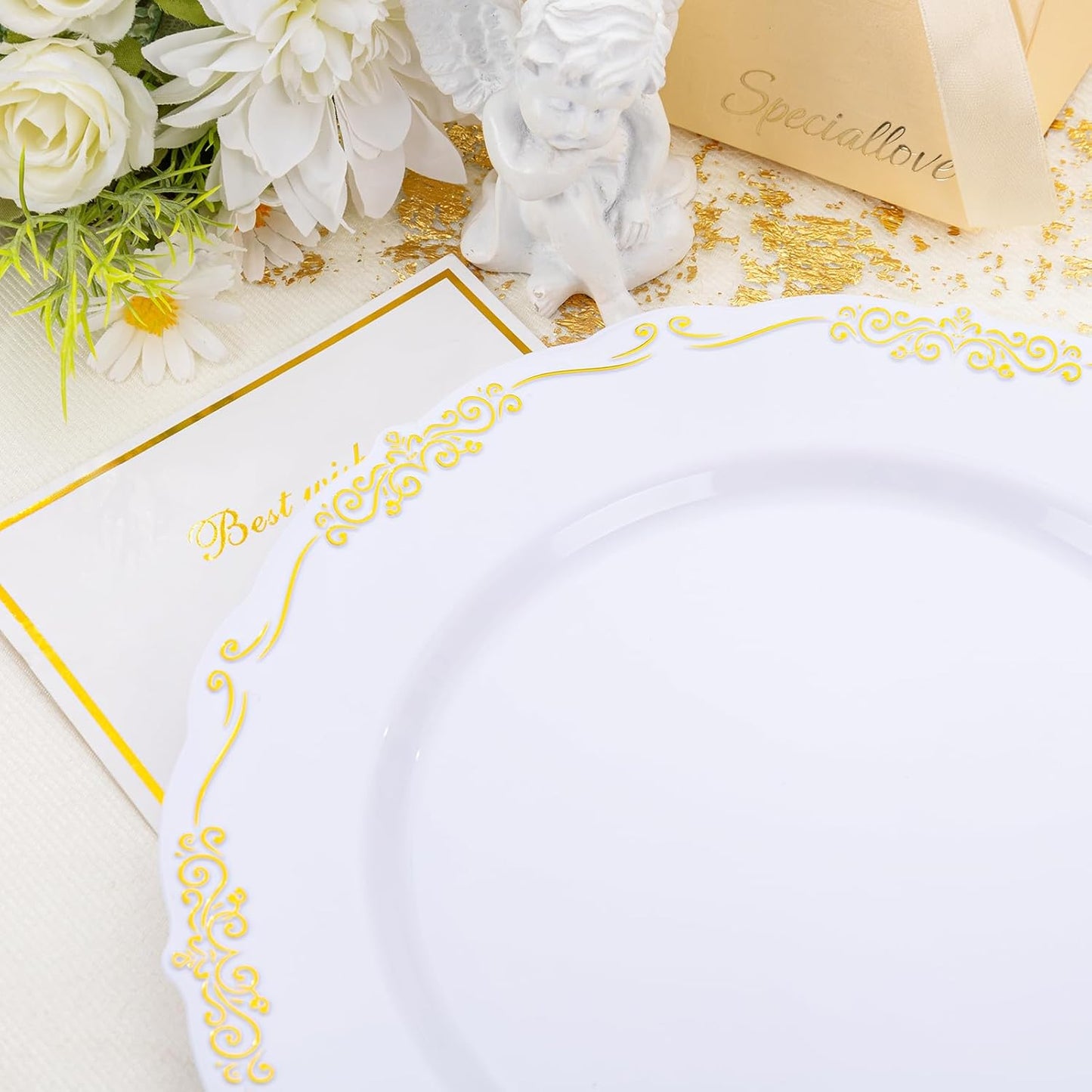 DaYammi 60PCS White and Gold Plastic Plates, Thanksgiving Plates Disposable Heavy Duty Disposable Platos Premium 10inch White Dinner Platos Hard Plastic Plate for Party Wedding Bridal Shower