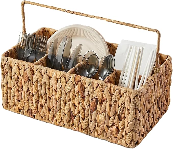 Silverware Organizer,Hand-Woven Wicker Kitchen Utensil Caddy with Handle,Cutlery Holder for Party Camping,Flatware Spoon Condiment Basket,Water Hyacinth Utensil Holder for Kitchen Counter