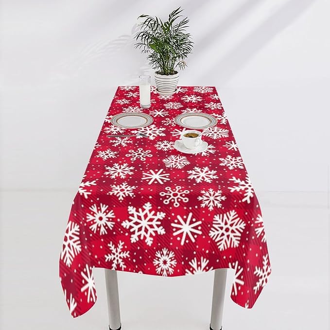 YCness Christmas Winter Tablecloth, Red Abstract Grid Red Fruit Snowflakes Table Cover for Living Room Home Kitchen Party Dinner 60x110 Inch