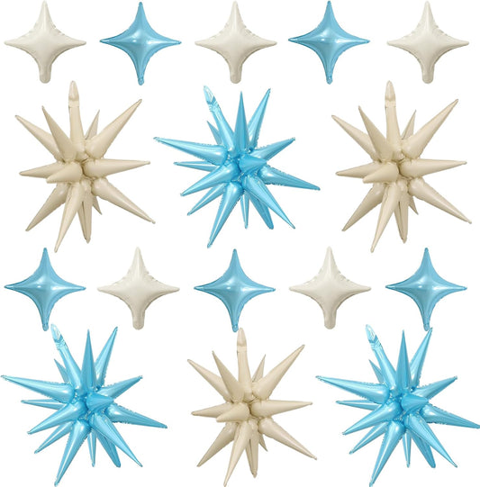 Blue White Star Balloon,Sand White Blue 6Pcs 22Inch Explosion Star Balloons and 10Pcs 10Inch Four Angle Balloons Kit for Birthday Anniversary Baby Shower Wedding Party Decorations