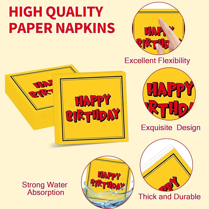 96PCS Cartoon Animation Birthday Paper Plates and Napkins for Cartoon Happy Birthday Party Decorations Red and Yellow Cartoons Animation Dinnerware Set for Boys Girls Kids Party Supplies Serve 24