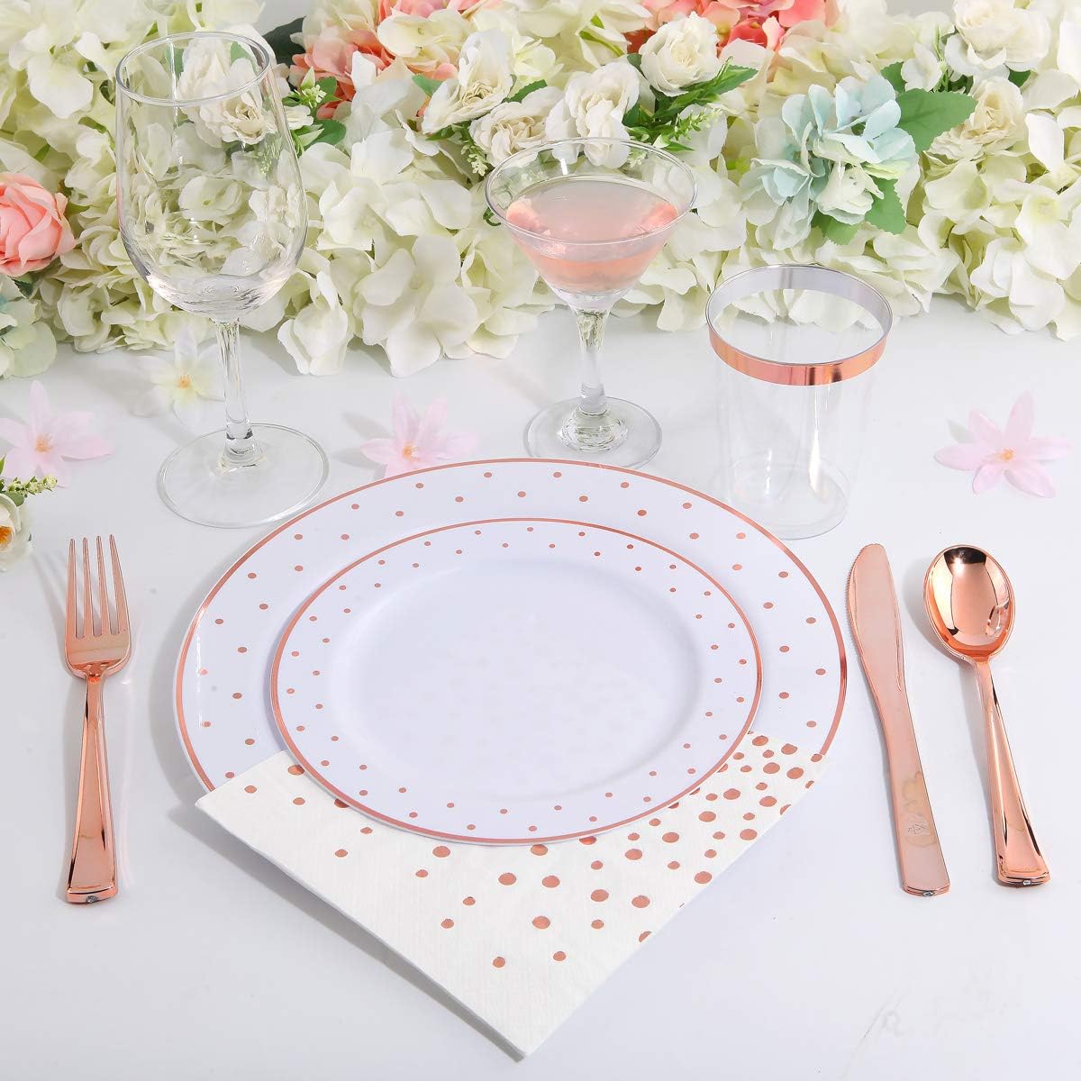 WELLIFE 350 PCS Rose Gold Plastic Plates, Disposable Rose Gold Plates, Includes: 50 Dinner Plate, 50 Dessert Plate, 50 Forks, 50 Knives, 50 Spoons, 50 Cups, 50 Dot Napkins for Weddings and Party