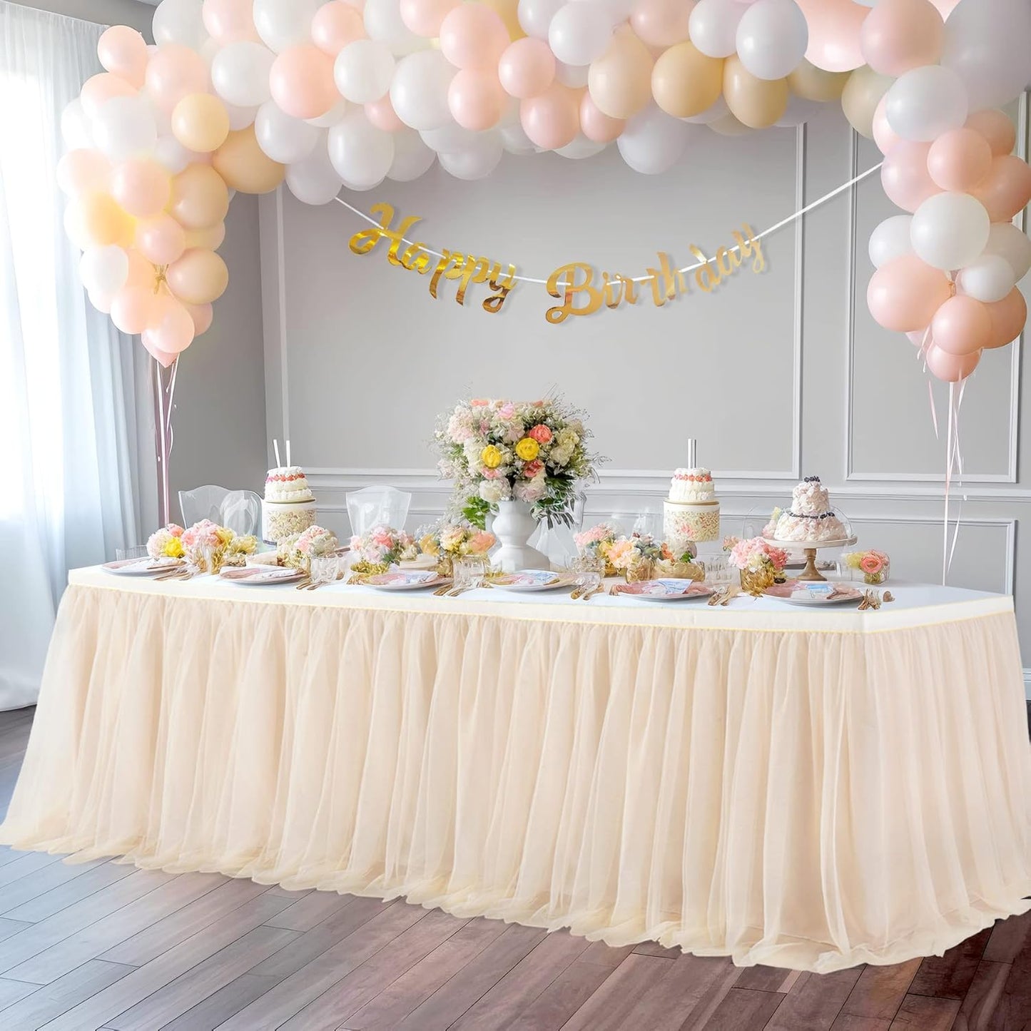 Suppromo 2 Pack 6ft Champagne Tulle Table Skirts for Birthday Party Wedding Reception Champagne Tutu Table Cloths for Parties Baby Shower Dessert Cake Table Decor