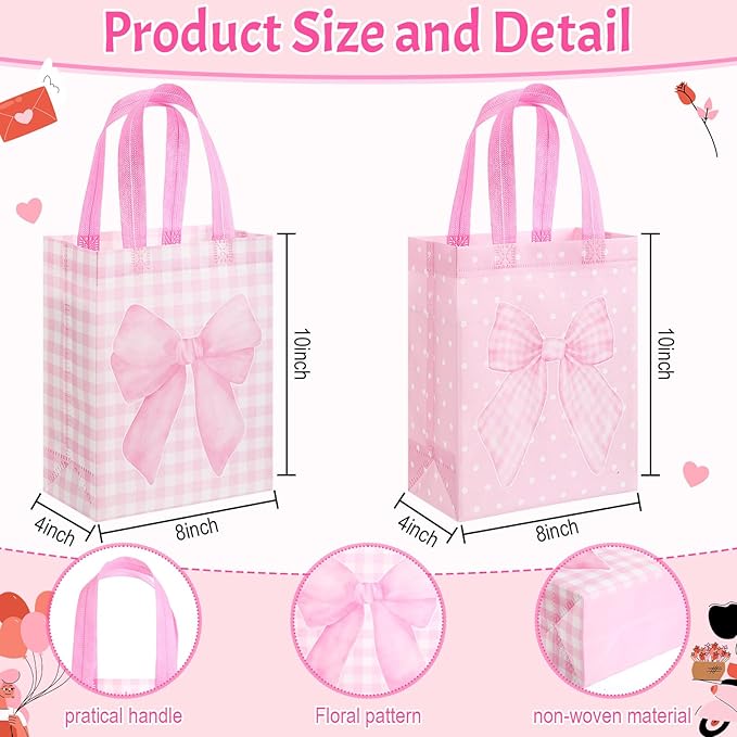Wovnet 30 Pcs Pink Bow Gift Bags Reusable Non Woven Party Favor Bag Coquette Bow Goodie Treat Bags with Handle for Girls Wedding Bridal Shower Tea Party Birthday 10 x 8 x 4in