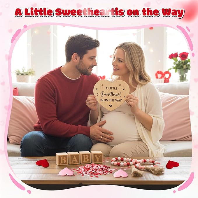 13Pcs Valentine Pregnancy Announcement Set - Coming Soon Baby Announcements Ideas Include Wooden Sign Beads Garland Wood Blocks Sponge Pregnancy Reveal Photo Props for Grandparents Dad Husband Family