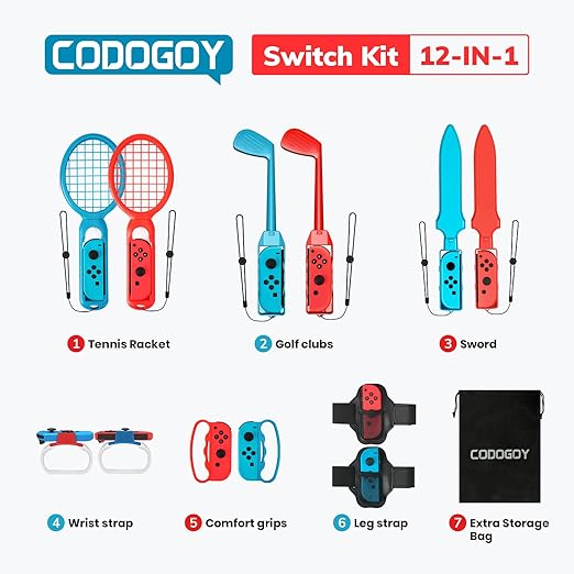 CODOGOY 12-in-1 Switch Sports Accessories Bundle for Switch 1/OLED - Complete Family Sports Kit with Storage Bag, Bowling Grips & 2 Player Support for Nintendo Switch Sports Games, Switch 1 Only