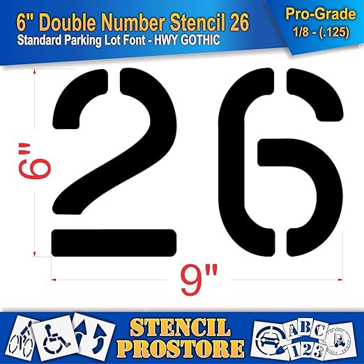 Pavement, Curb, and WheelStop Stencils - 6 inch Double Number Stencil - (26) - 6" x 9" x 1/8" (128 mil) - Pro-Grade
