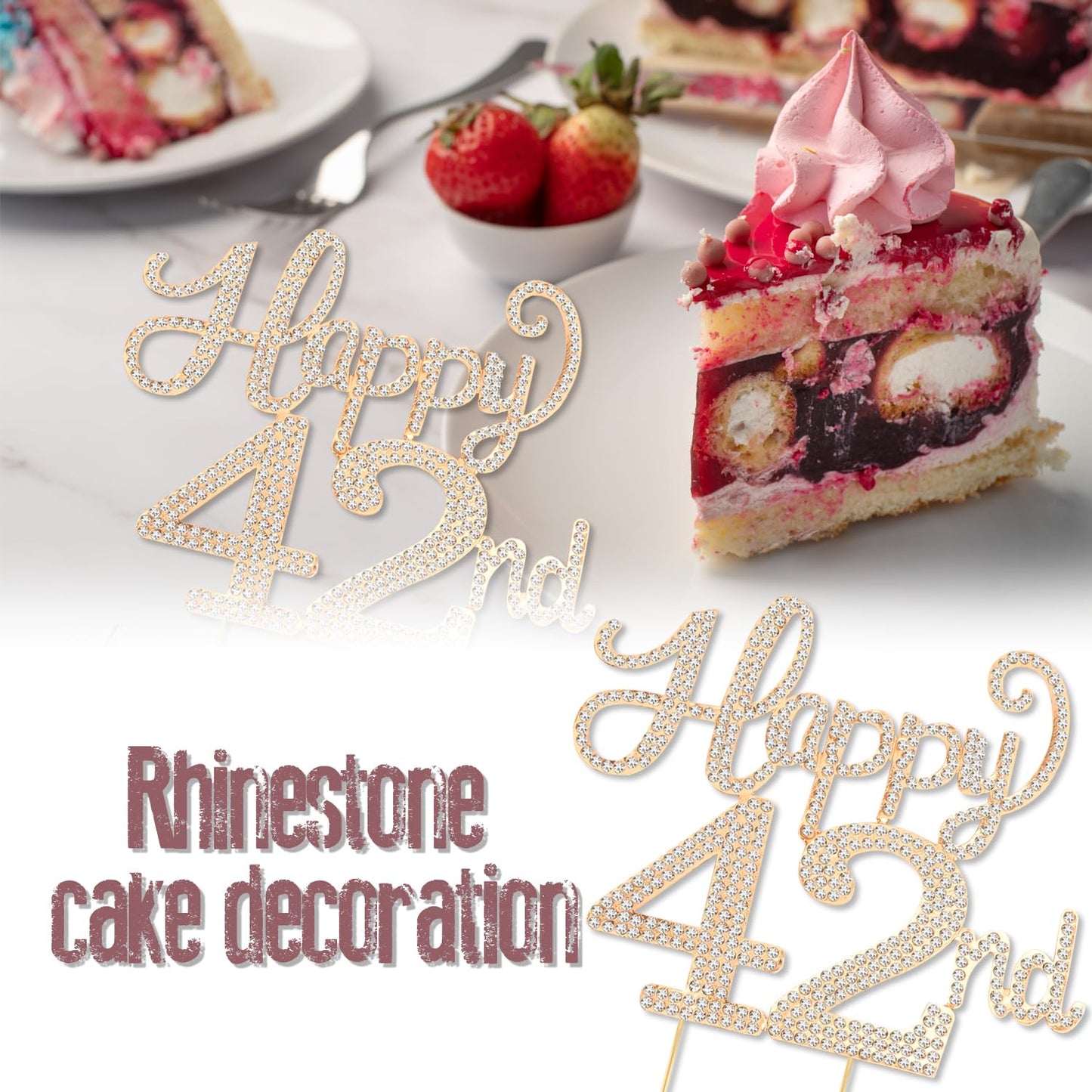 Happy 42nd Birthday Decorations,42nd Birthday Gold Rhinestone Cake Topper - Cheers to 42 Years Old Bday Party Metal Sparkly Cake Centerpieces Sign.